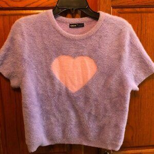 Fuzzy purple Shein Short sleeved sweater w/heart Jr size L